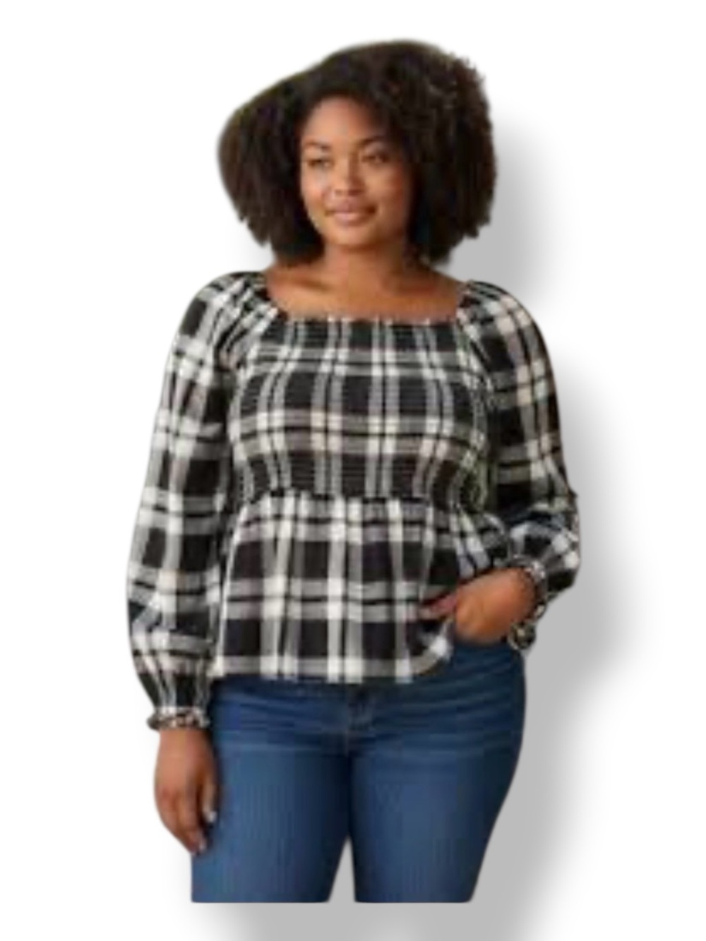 Inner Circle Women’s Long Sleeve Smock Bodice Blouse Black/Gray Plaid XL